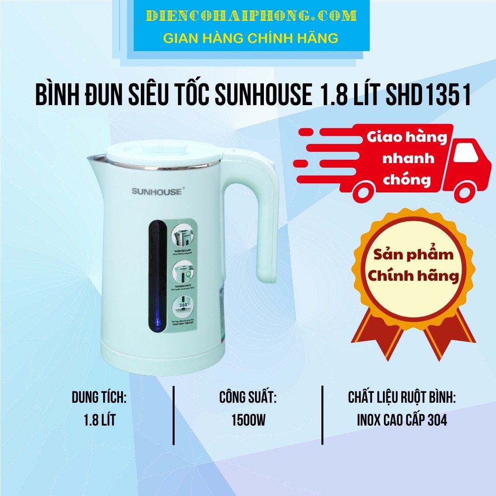 Ấm Siêu Tốc 2 Lớp Sunhouse SHD1351 1.8 Lít