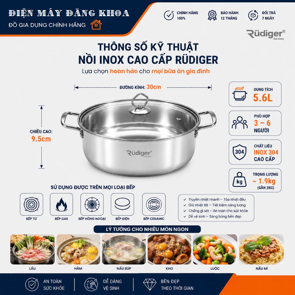 Nồi Lẩu Inox 304 Rudiger 30cm