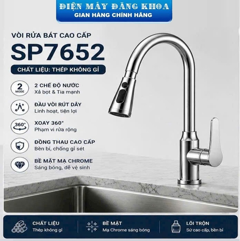 VÒI RỬA BÁT NÓNG LẠNH DÂY RÚT INOX SUS 304 sp7652