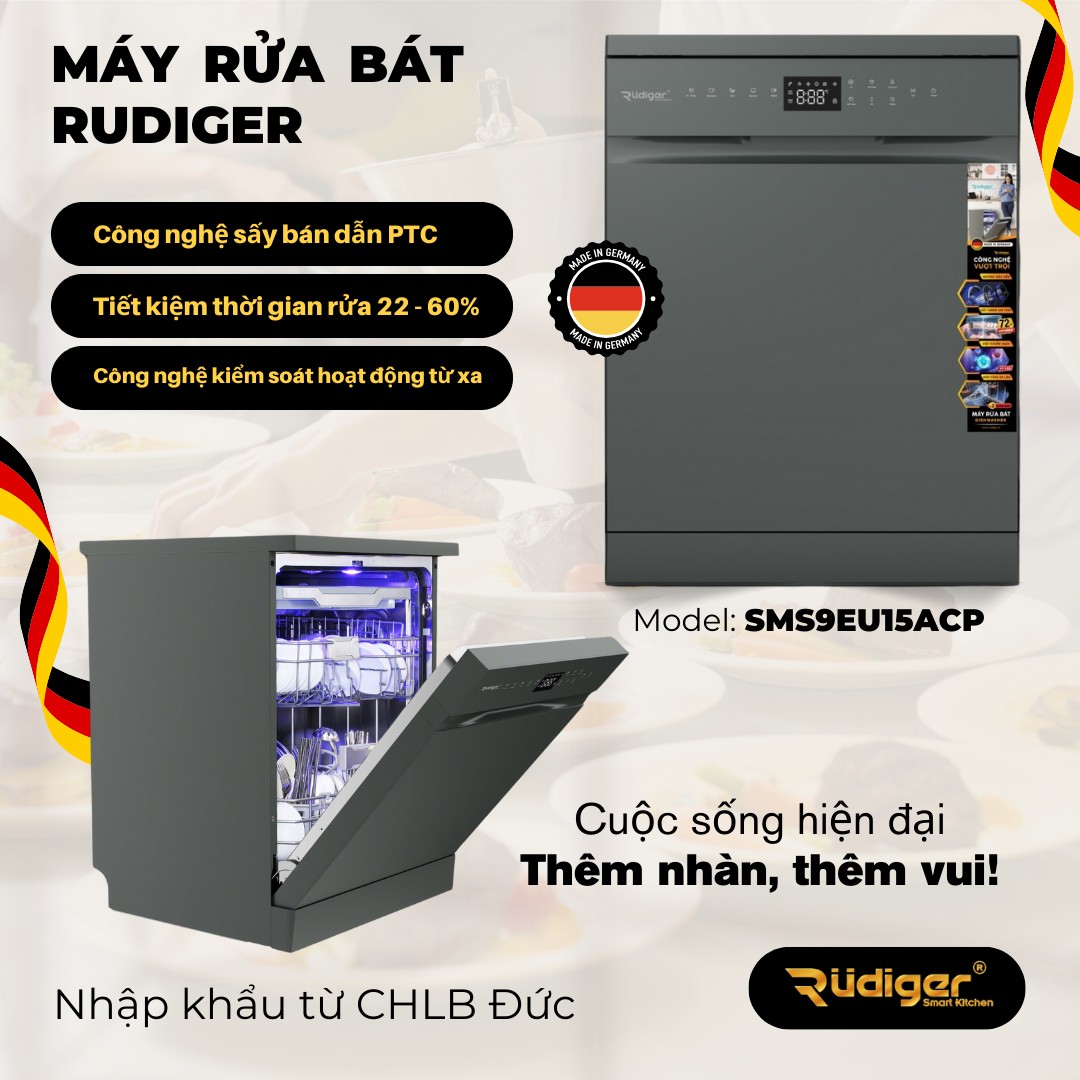 MÁY RỬA BÁT RUDIGER SMS9EU15ACP 16 bộ nk Đức