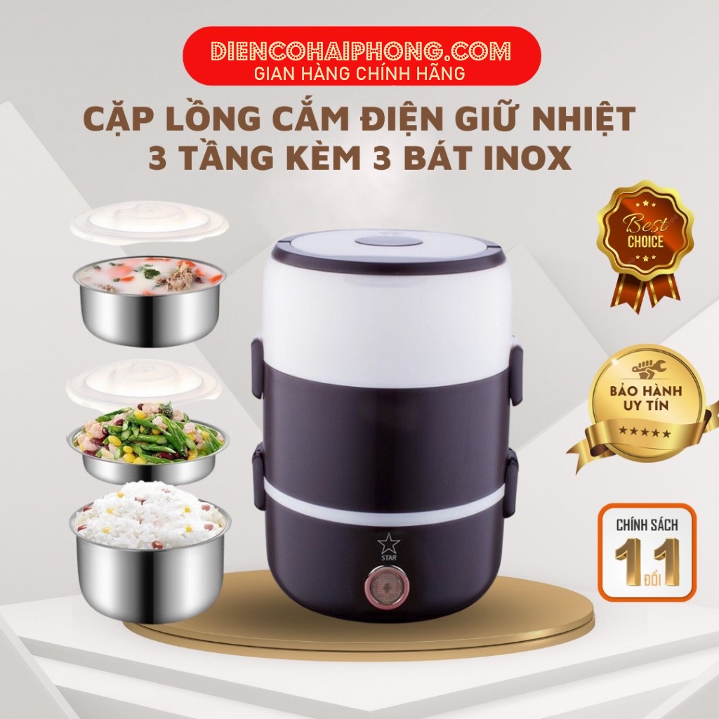 Hộp Cơm Cắm Điện 3 Tầng Inox 304 Ngôi Sao