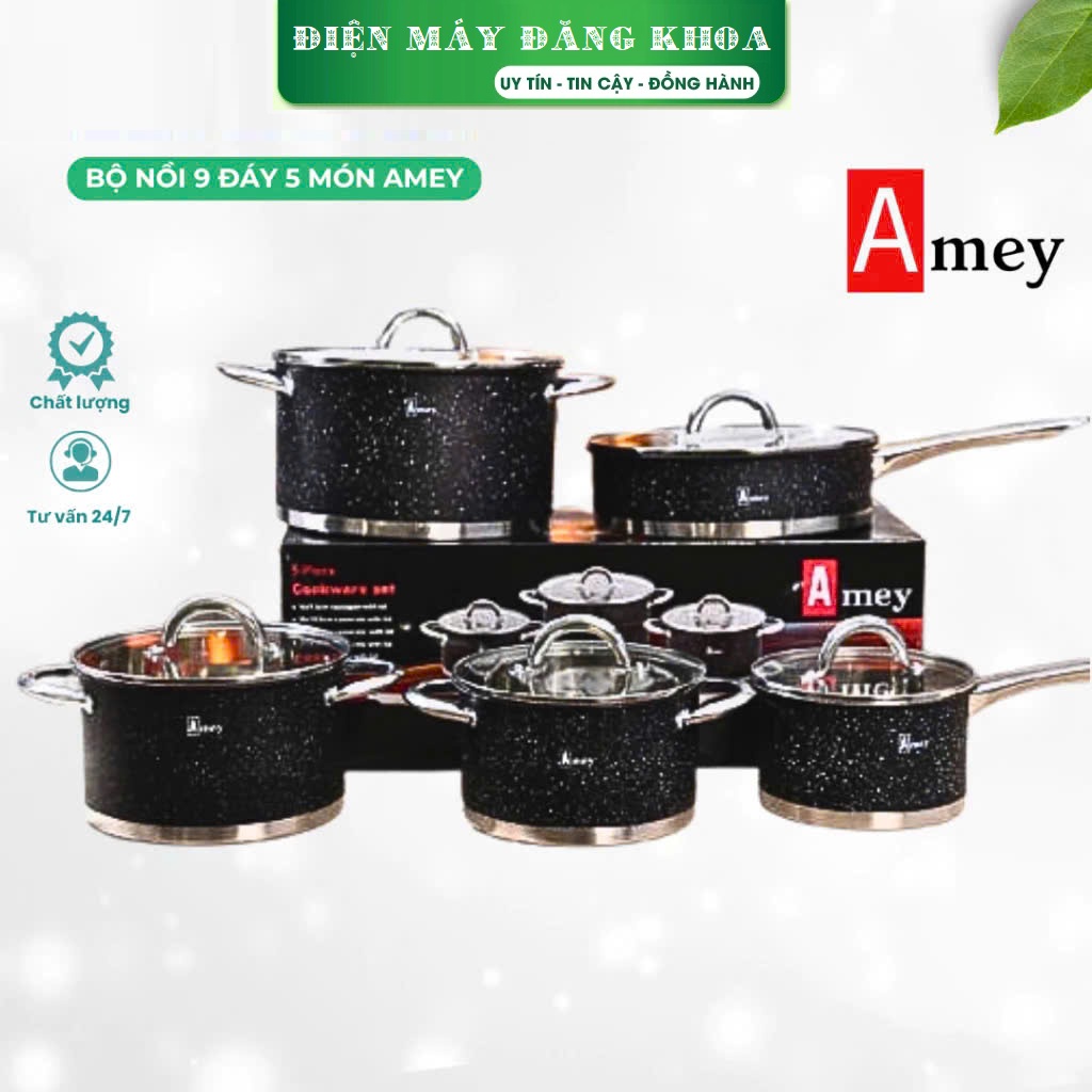 BỘ NỒI CHẢO TỪ 9 ĐÁY VÂN ĐÁ CAO CẤP 5 MÓN AMEY