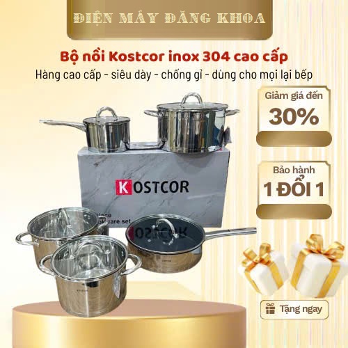 Bộ nồi TỪ đỨC KOSTCOR 9 đáy với 5 NỒI CHẢO  inox 304
