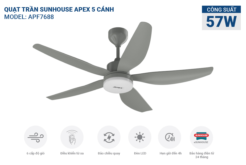 QUẠT TRẦN SUNHOUSE APEX 5 CÁNH APF7688