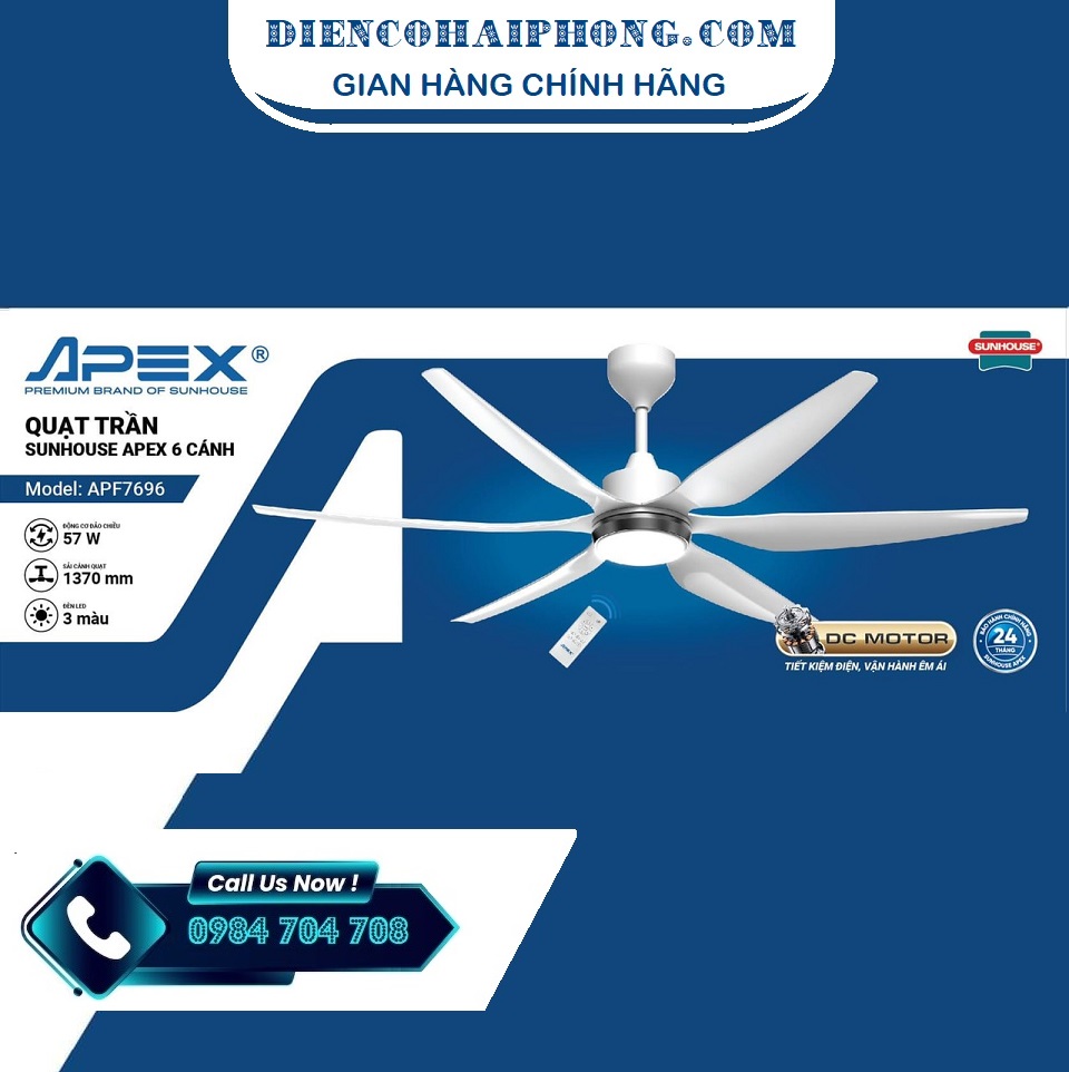 Quạt trần Sunhouse Apex 6 cánh APF7696 Có đèn