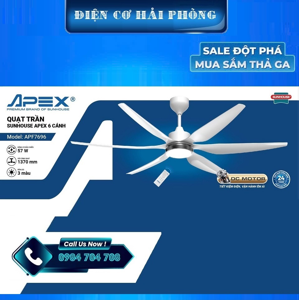 Quạt trần Sunhouse Apex 6 cánh APF7696 Có đèn