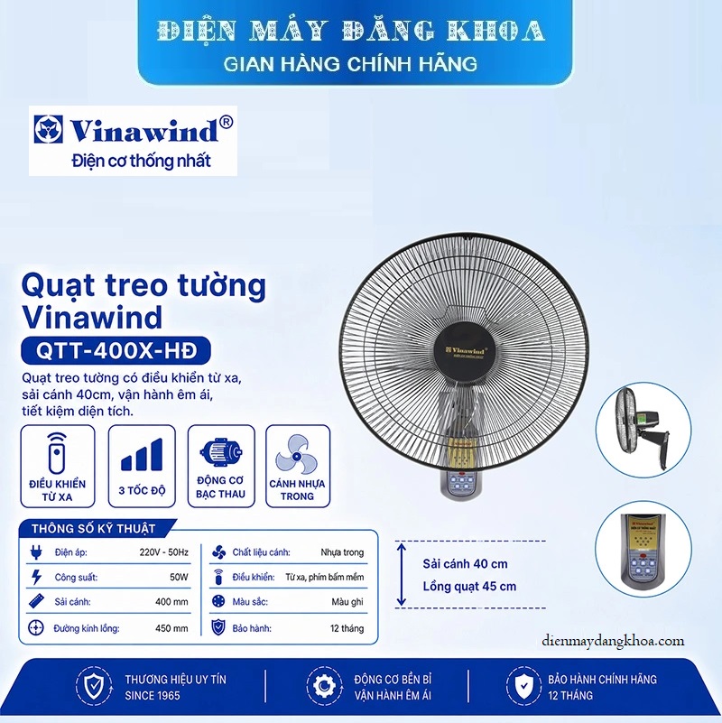 Quạt Treo Tường Vinawind QTT400x-HĐ(có điều khiển)