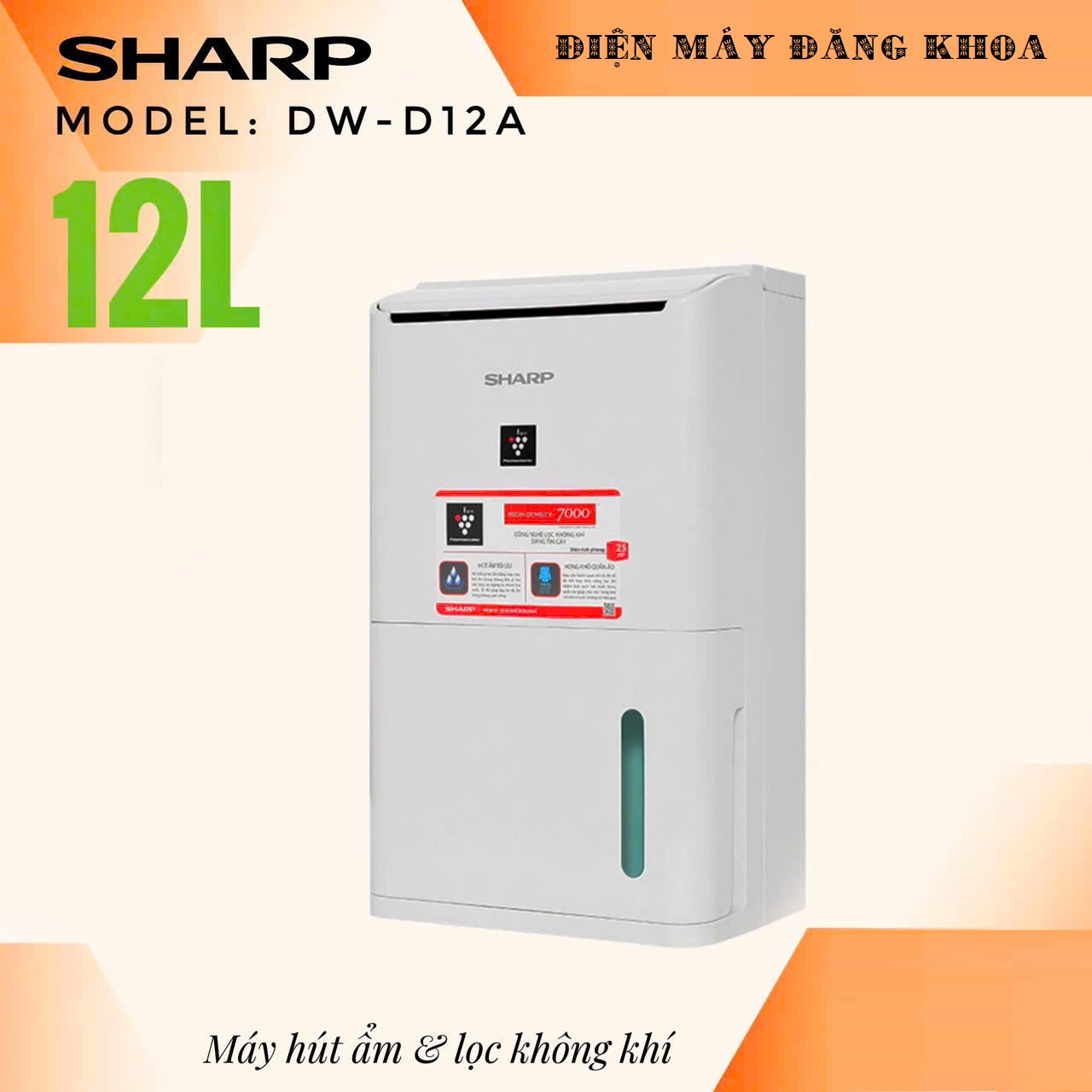 Máy hút ẩm Sharp DW-D12A-W 12L (s dưới 30m ) TẶNG KHÓA
