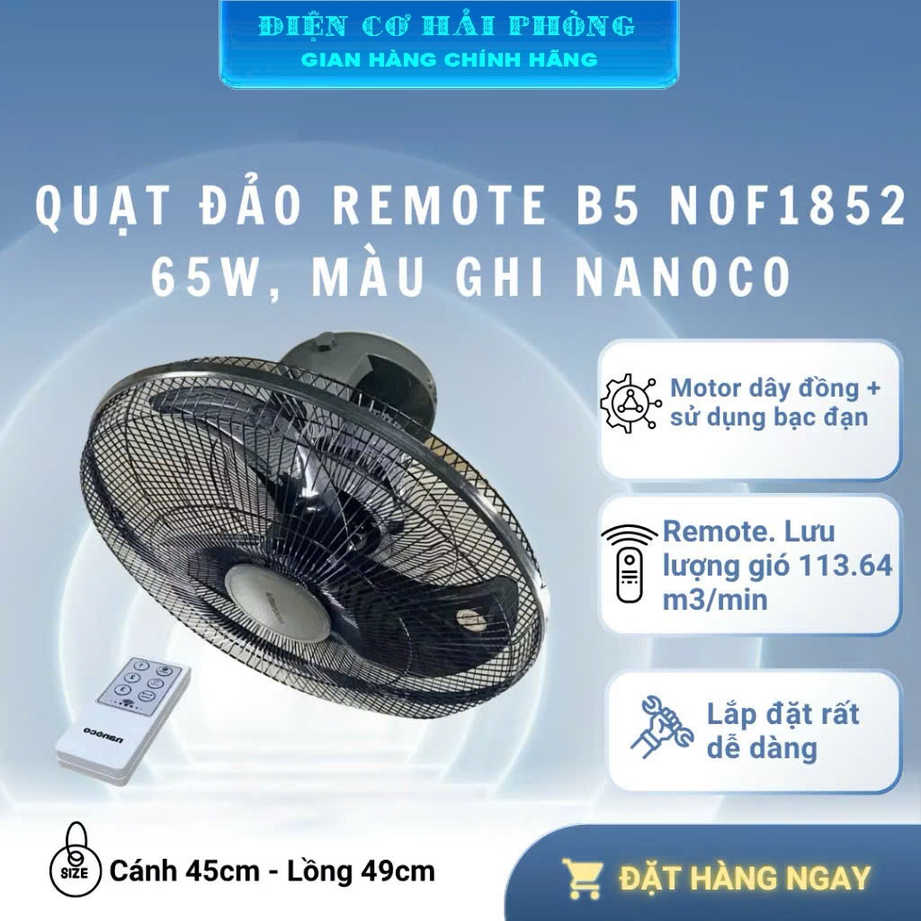 Quạt Đảo Nanoco B5 NOF1852RC-GR 65W Sải cánh 45cm có khiển