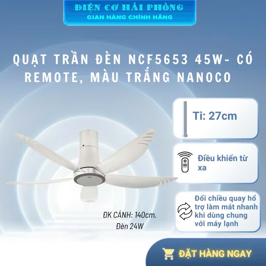 Quạt trần 5 cánh Nanoco NCF5653-WL