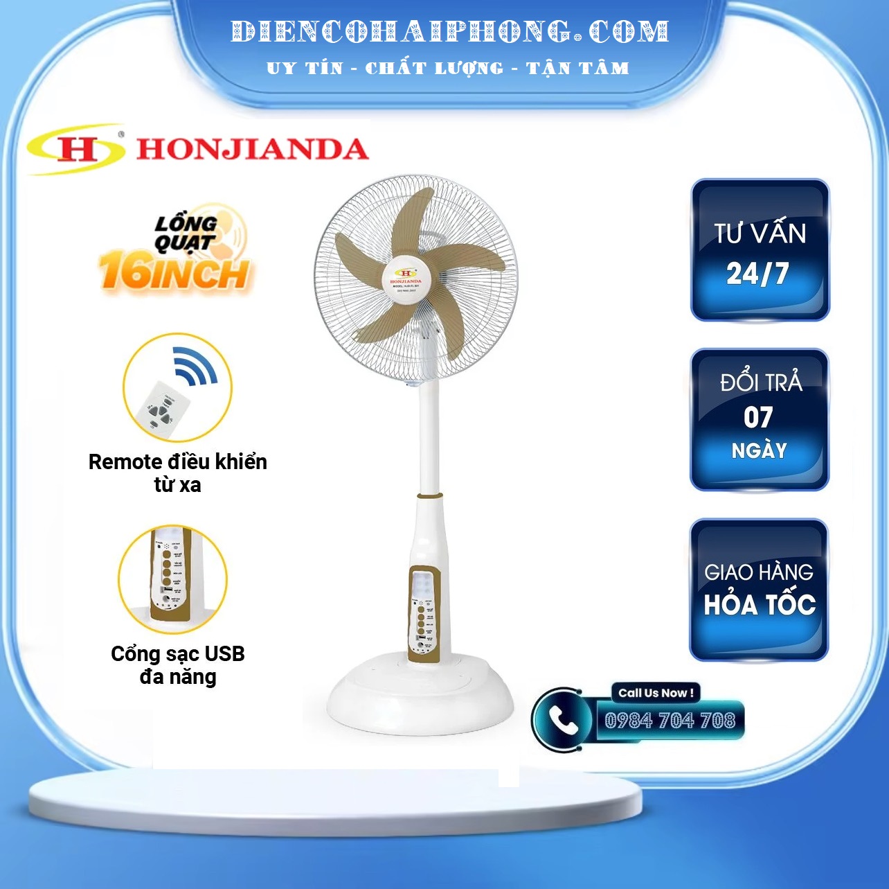 Quạt sạc tích điện AC/DC 16 inch Honjianda FL-602 - có remote điều khiển ( NEW)