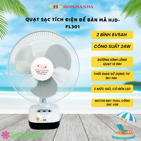 Quạt tích điện Honjianda HJD-FL301 (2 Bình 6V5Ah)