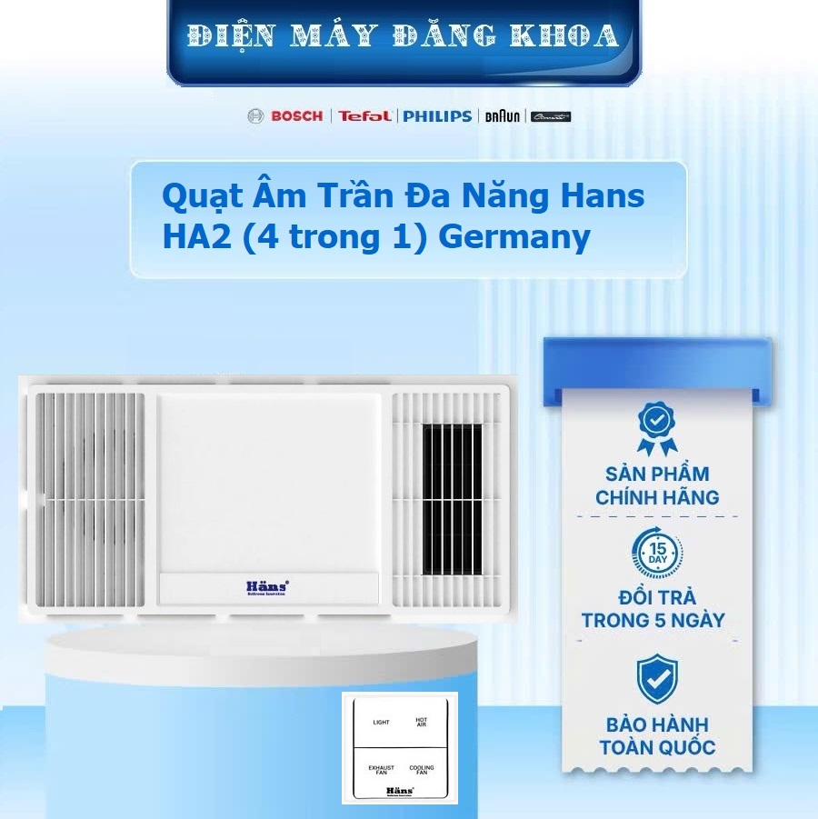 Quạt hút sưởi âm trần 4 in 1 Hans HA2