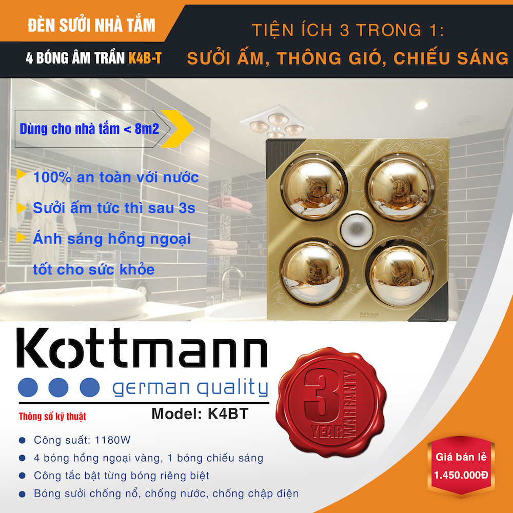 Đèn sưởi nhà tắm âm trần Kottmann K4BT