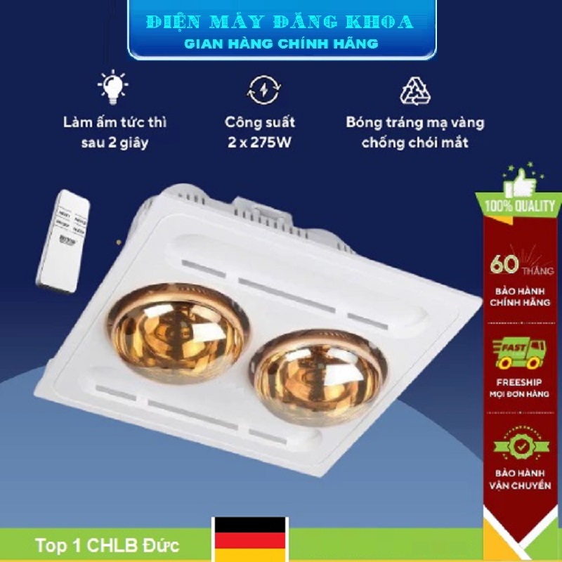 Đèn sưởi nhà tắm 2 bóng âm trần Kohn BK03GR (Điều khiển từ xa)