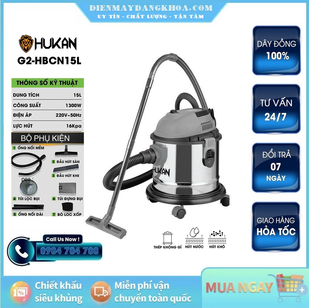 Máy hút bụi 15 lít Hukan G2-HBCB15L ( Hút Khô , Nước )