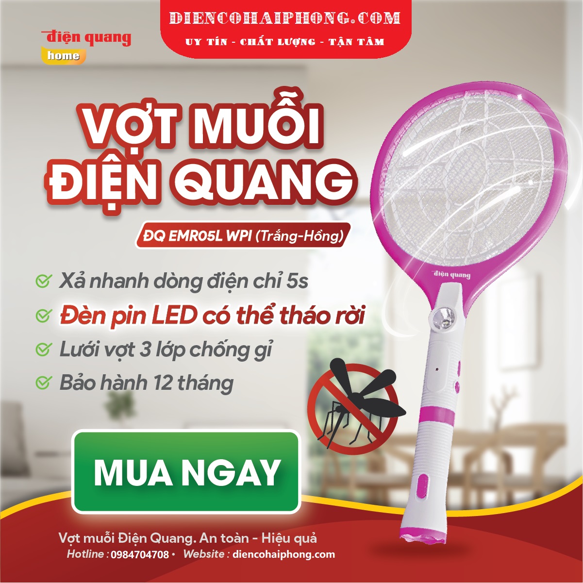 Bộ vợt muỗi Điện Quang ĐQ EMR05L WPI ( Trắng - hồng )